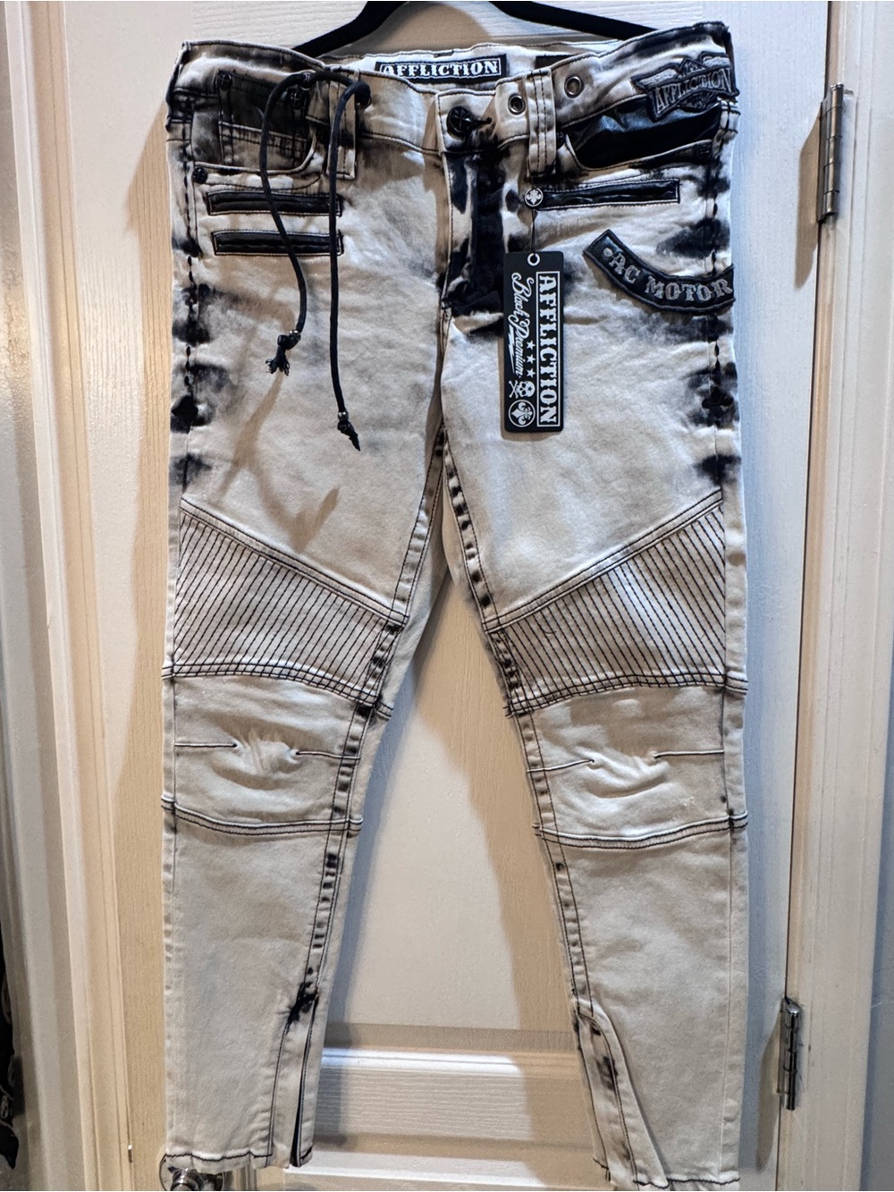 NWT Affliction Women's Distressed Cream & Black Moto Jeans